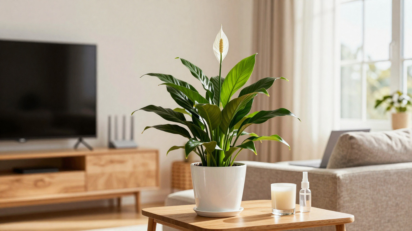 Peace lily plant in white pot on wooden table with candle and spray bottle in bright living room.