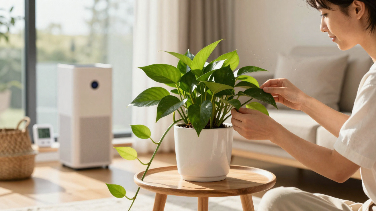 Person tending to a green potted plant on a wooden stool in a bright, modern living room.