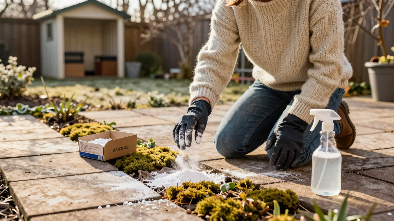 Person wearing gloves spreading weed killer powder on moss between garden patio stones on a sunny day.