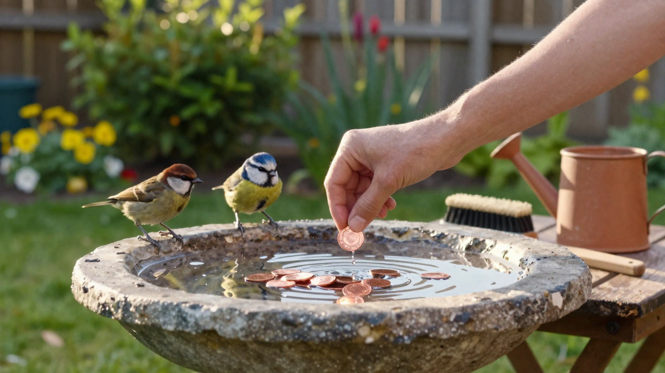 A hand drops coins into a birdbath with two small birds perched on the edge in a garden setting.