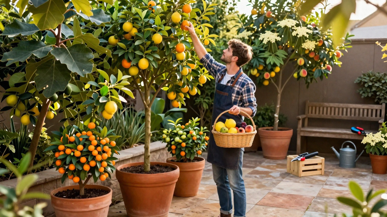 Man in apron picking ripe citrus fruits from potted trees in a sunny garden patio with a basket of fruit.