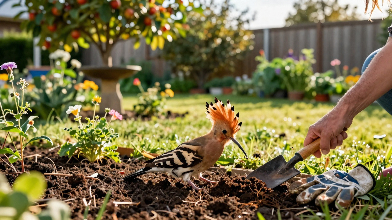 A hoopoe bird with an orange crest stands on soil near a person's hand holding a garden trowel in a flower garden.
