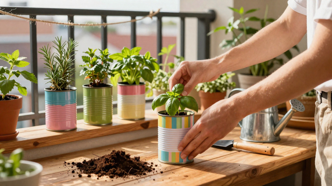 Hands tending a small basil plant in a striped tin pot on a wooden balcony table with other potted herbs.