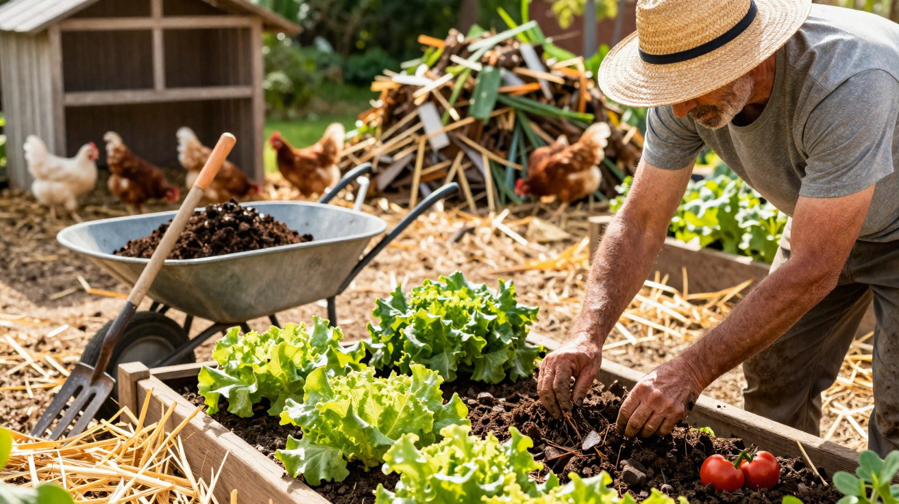 Elderly man gardening lettuce in raised bed with wheelbarrow, chickens, and small coop in background.