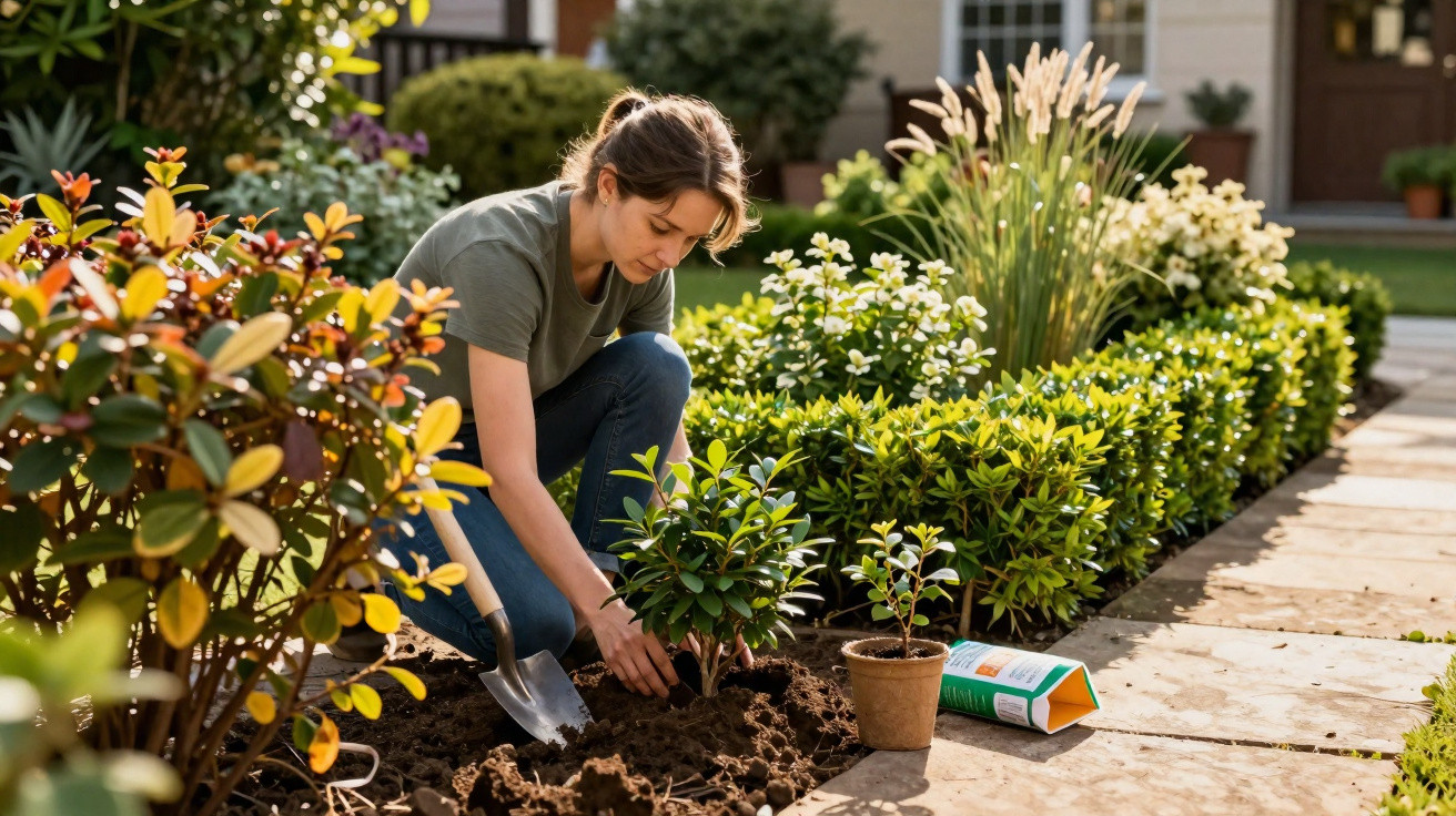 Woman planting a shrub in a garden bed surrounded by green plants on a sunny day.