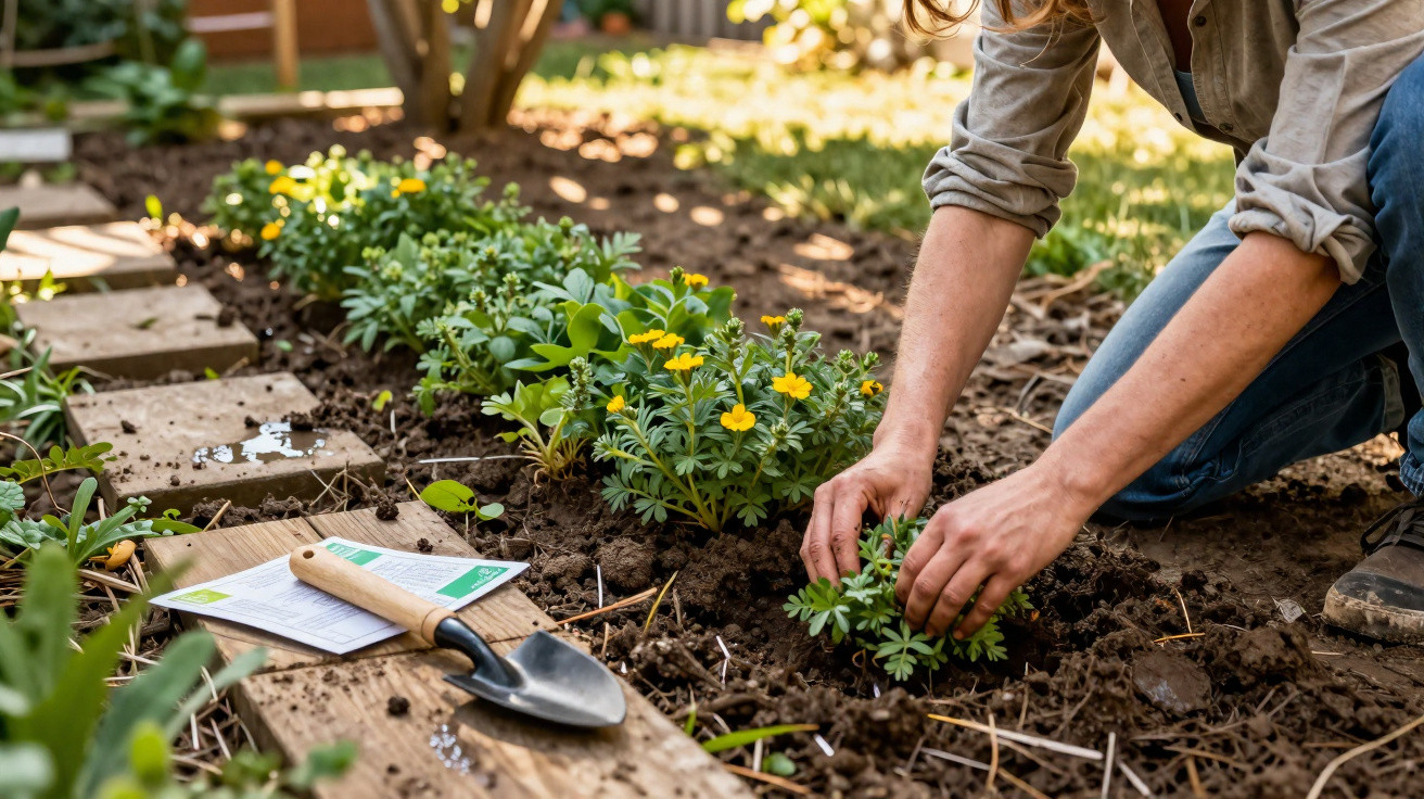 Person planting yellow flowers in garden bed with trowel and seed packets nearby on wooden path