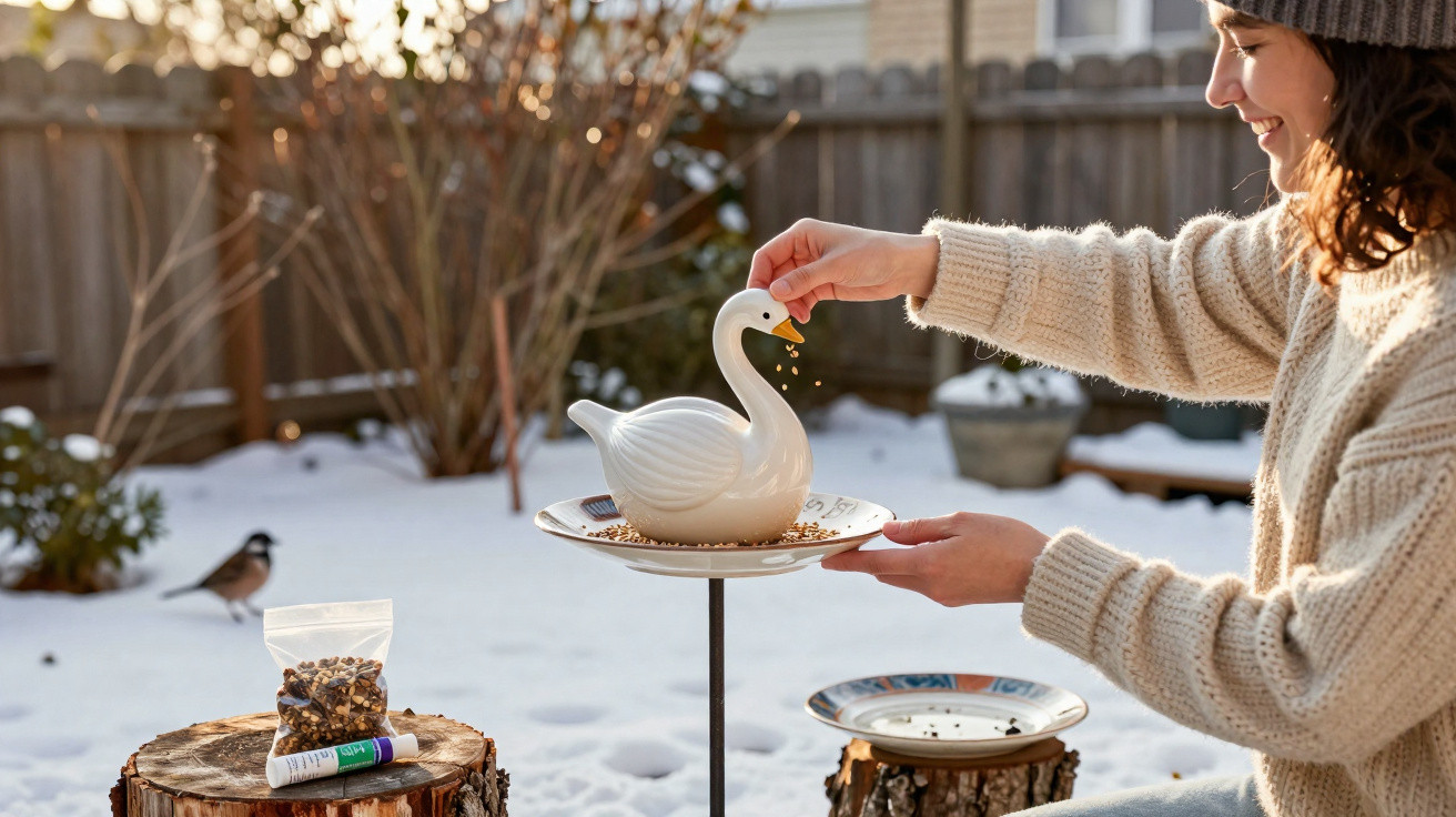 Person feeding seeds into a white swan-shaped bird feeder in a snowy garden.