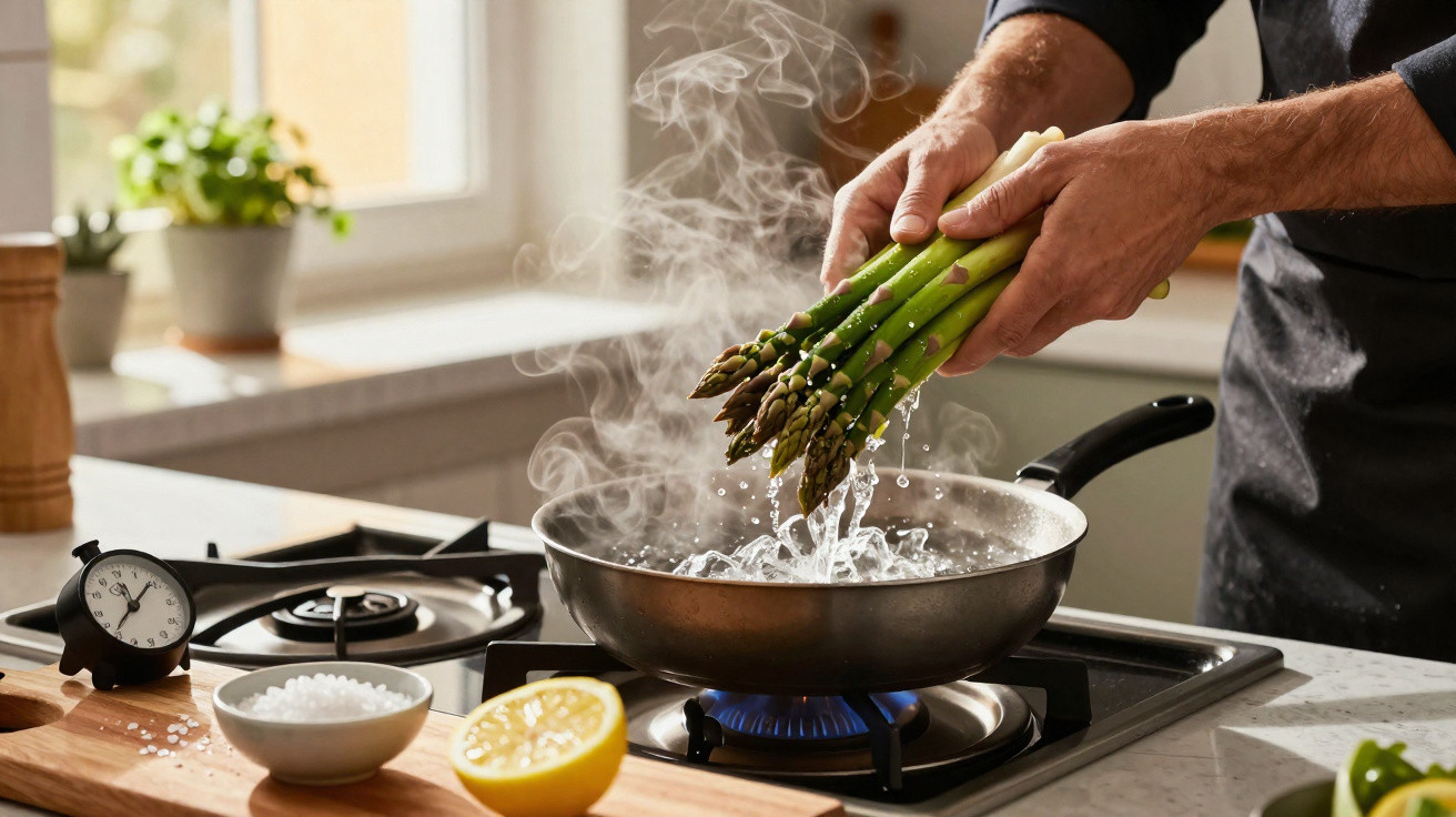 Hands adding fresh asparagus to a steaming frying pan on a gas stove in a bright kitchen.
