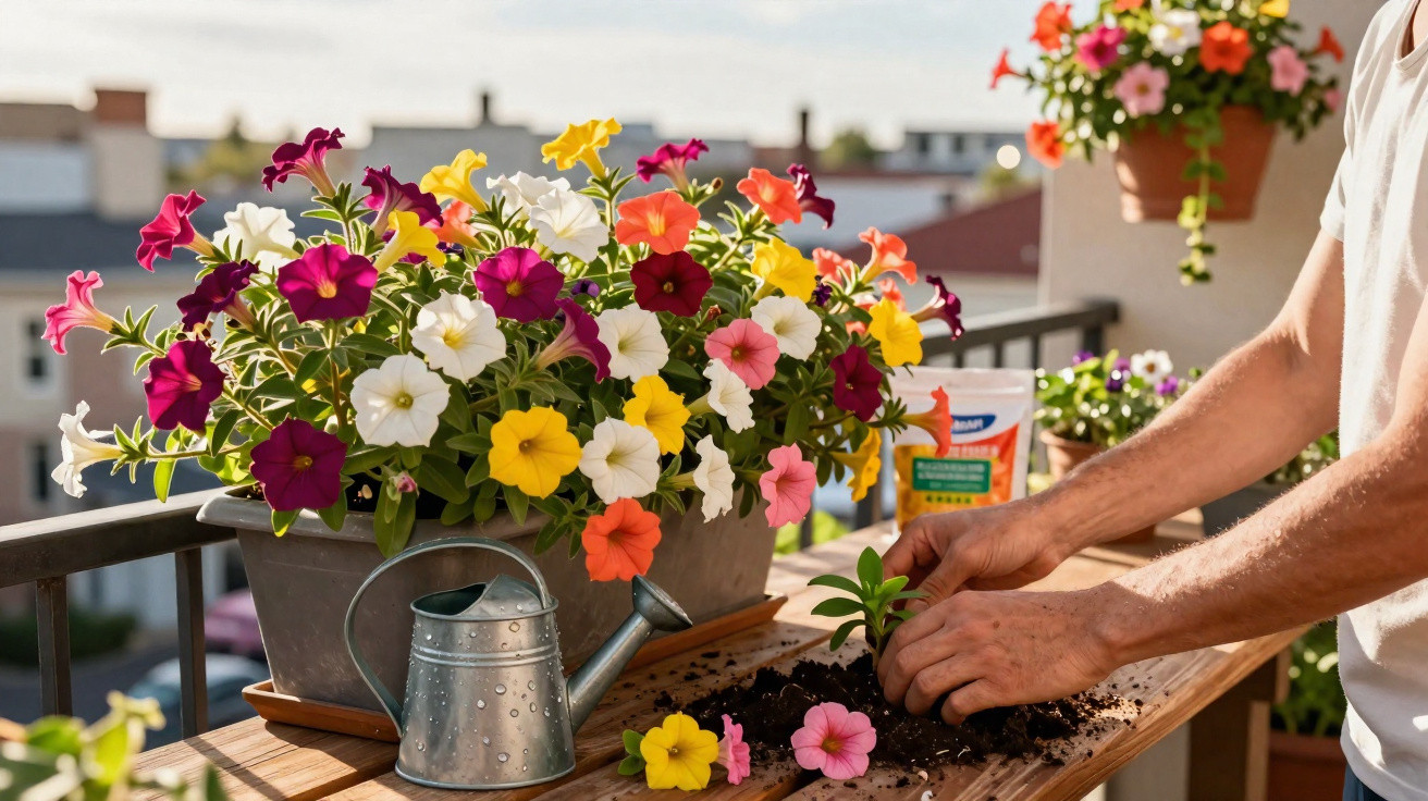 Person planting a small flower on a balcony with a watering can and colourful flowers in pots.