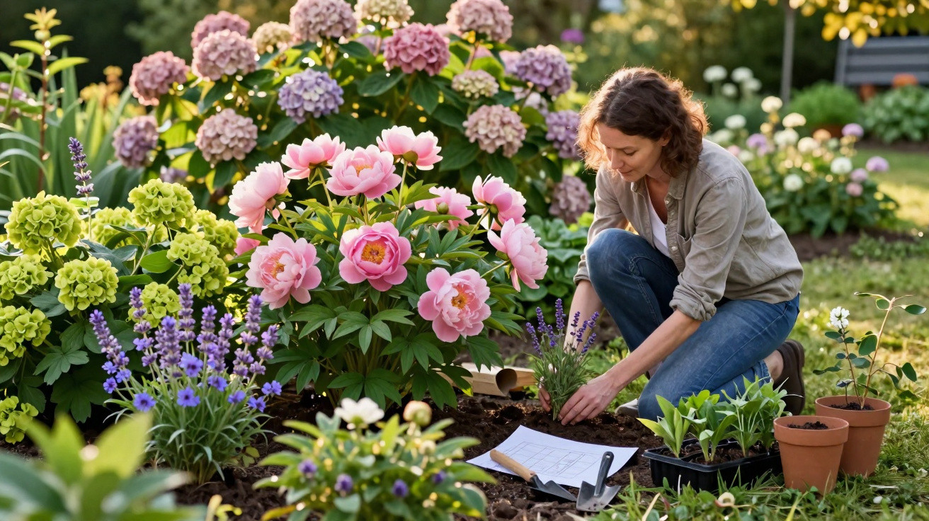 Woman planting flowers in garden surrounded by blooming pink peonies and lavender under golden sunlight.