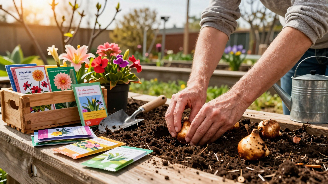 Person planting flower bulbs in soil on a raised garden bed next to seed packets and potted flowers.