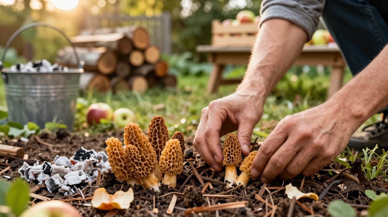 Hands harvesting morel mushrooms growing in soil outdoors with a pile of firewood and apples in the background.