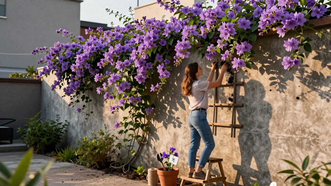 Woman tending to large purple flowering vine climbing a garden wall in sunlight.