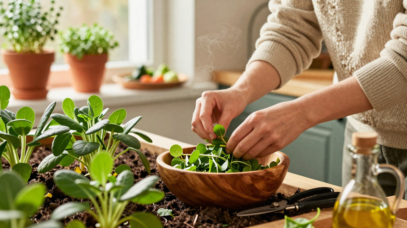 Person harvesting fresh green leaves into a wooden bowl on a kitchen countertop with plants nearby.