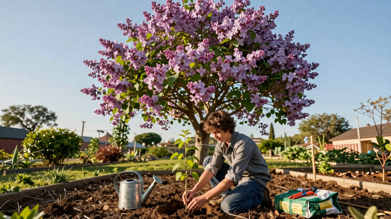 Person planting a young tree under a blooming purple flower tree in a garden on a sunny day.
