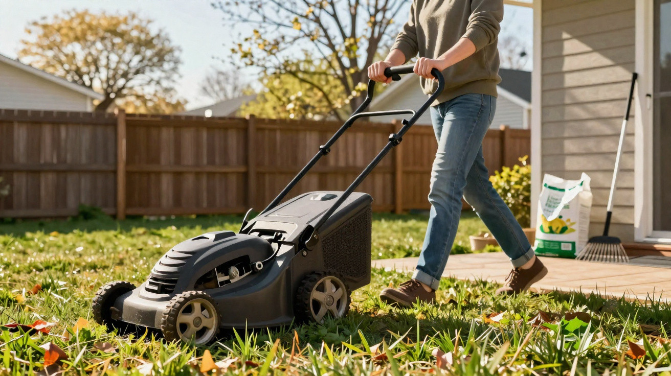 Person mowing lawn with a black lawnmower on a sunny day in a backyard with autumn leaves.