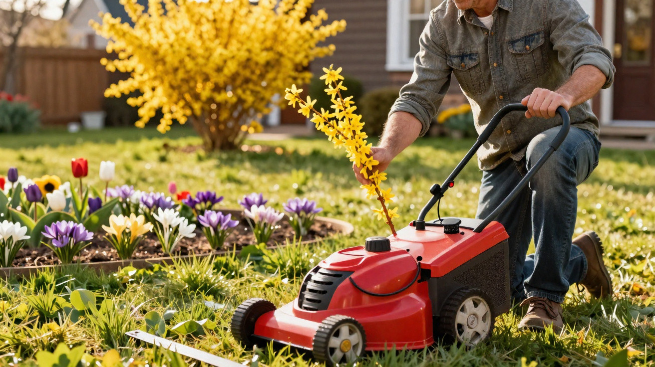 Person pruning yellow flowers near red lawn mower in garden with spring blooms and a wooden fence.