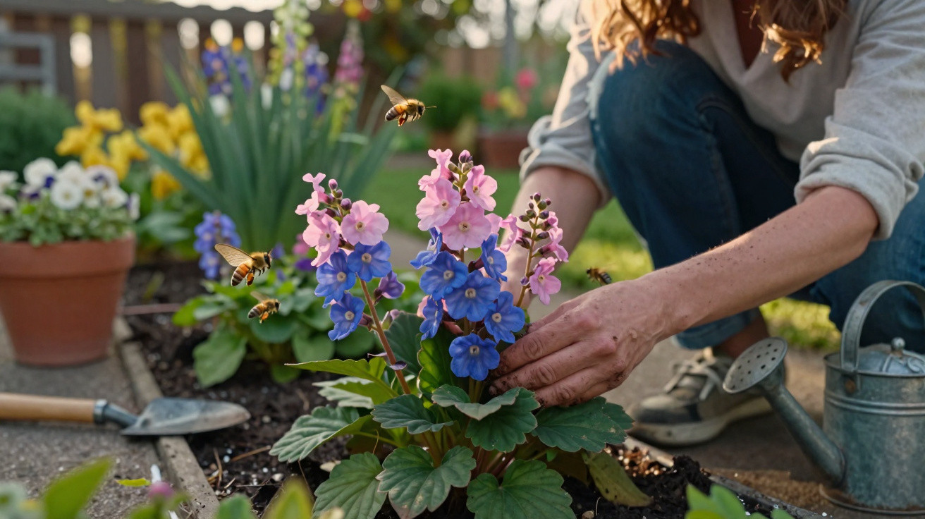Person planting pink and blue flowers in a garden bed with bees flying nearby and gardening tools beside them.