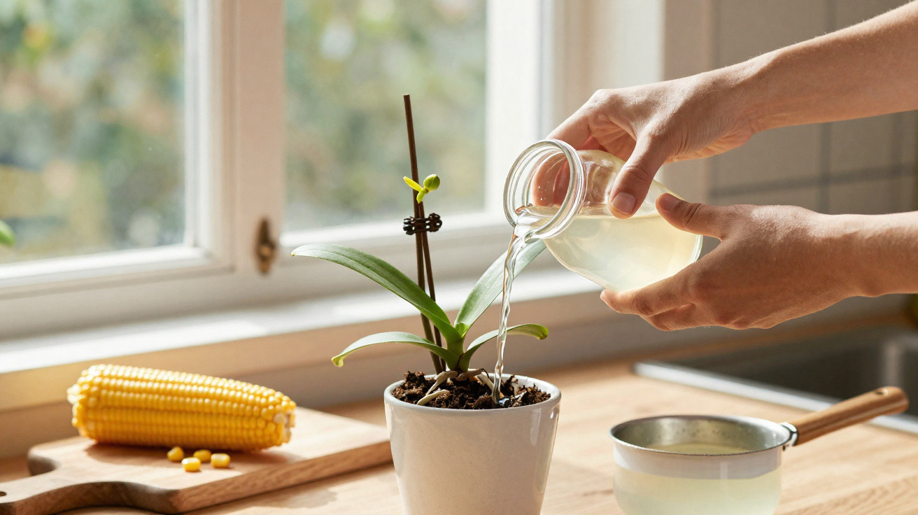 Hands pouring water from a glass jar onto a potted orchid plant on a kitchen windowsill with corn nearby.