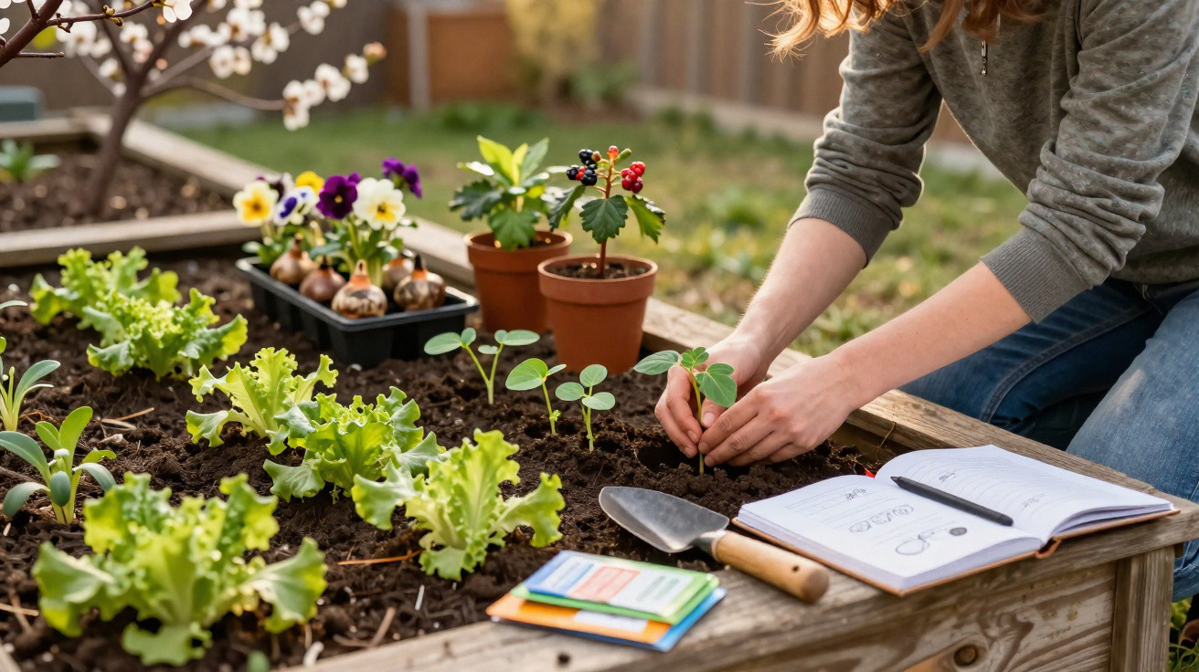 Person planting seedlings in a raised garden bed with gardening tools and notes nearby in a backyard.