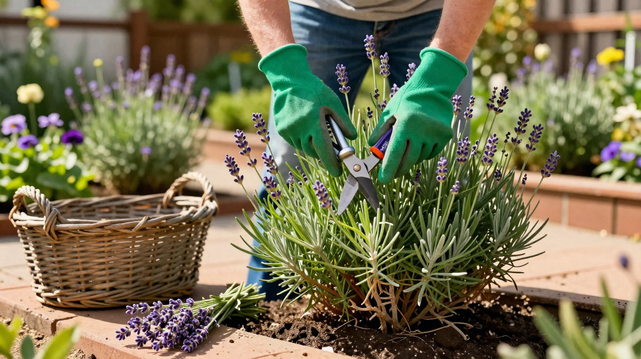 Person wearing green gloves pruning lavender flowers in a garden with a wicker basket nearby.