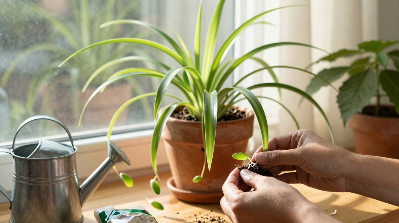 Person holding a small plant seedling near a spider plant in a pot on a wooden windowsill with a watering can.