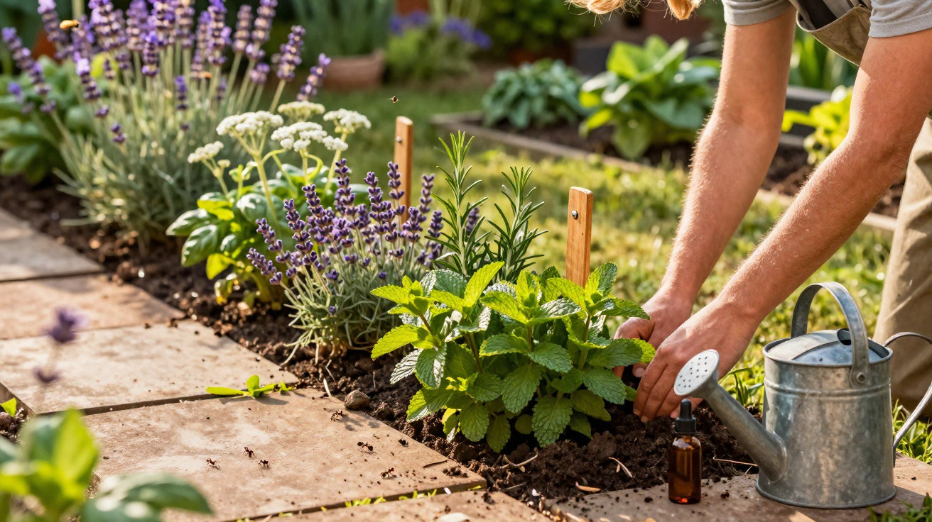Person tending to a garden with herbs including lavender and mint, using a watering can on a sunny day.