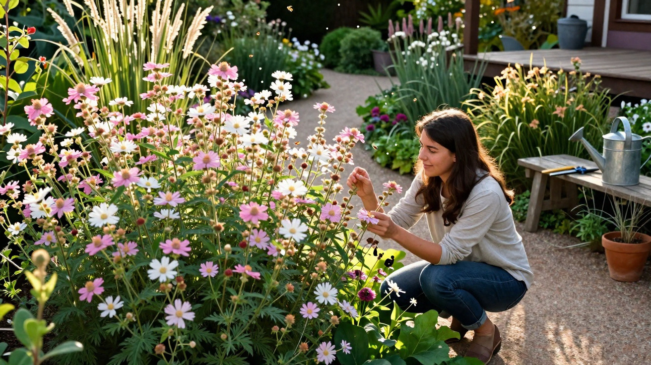 Woman crouching to tend pink and white flowers in a sunlit garden beside a wooden bench and watering can.