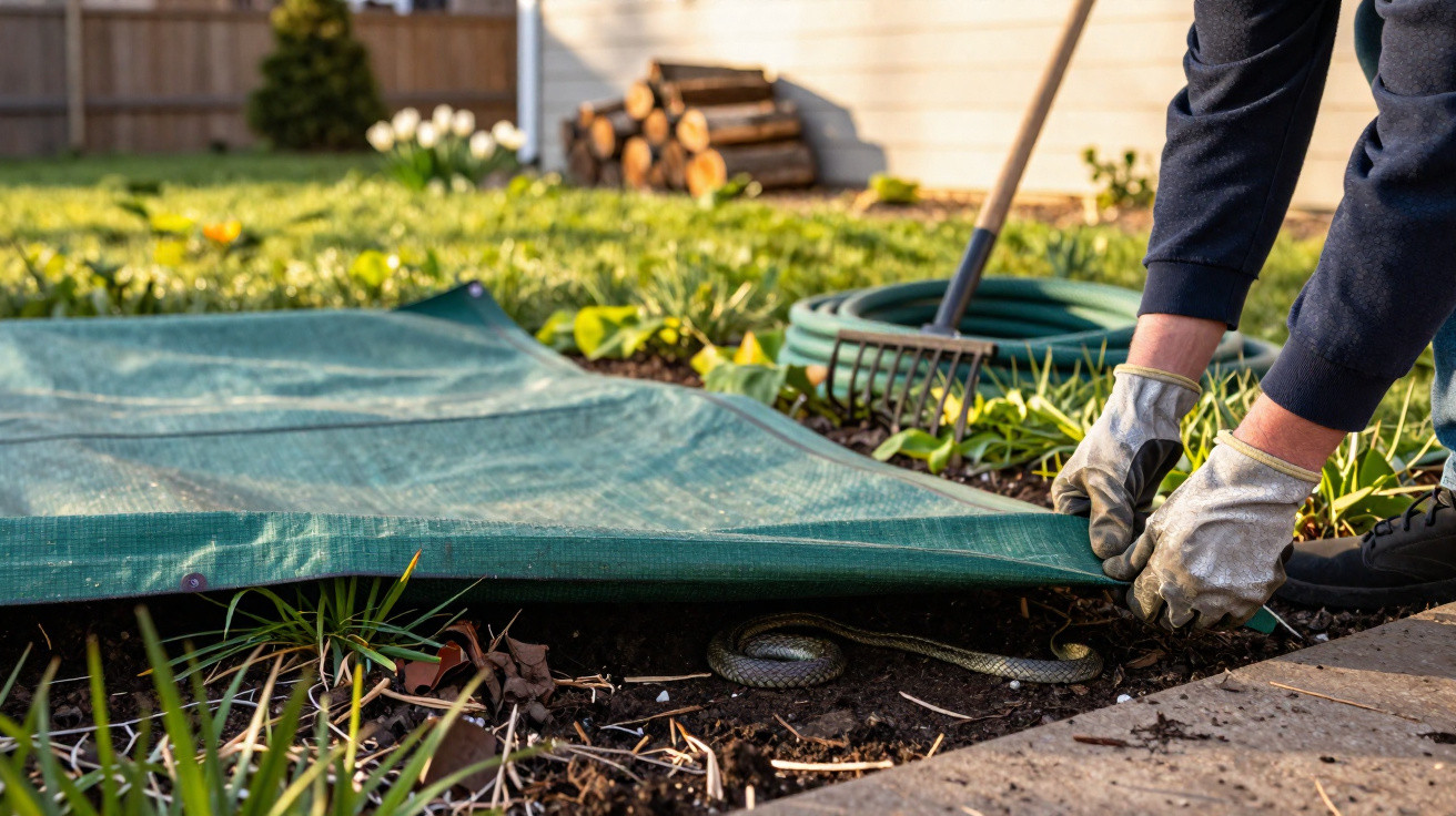 Person lifting edge of garden cover revealing a small snake hiding underneath in a backyard.