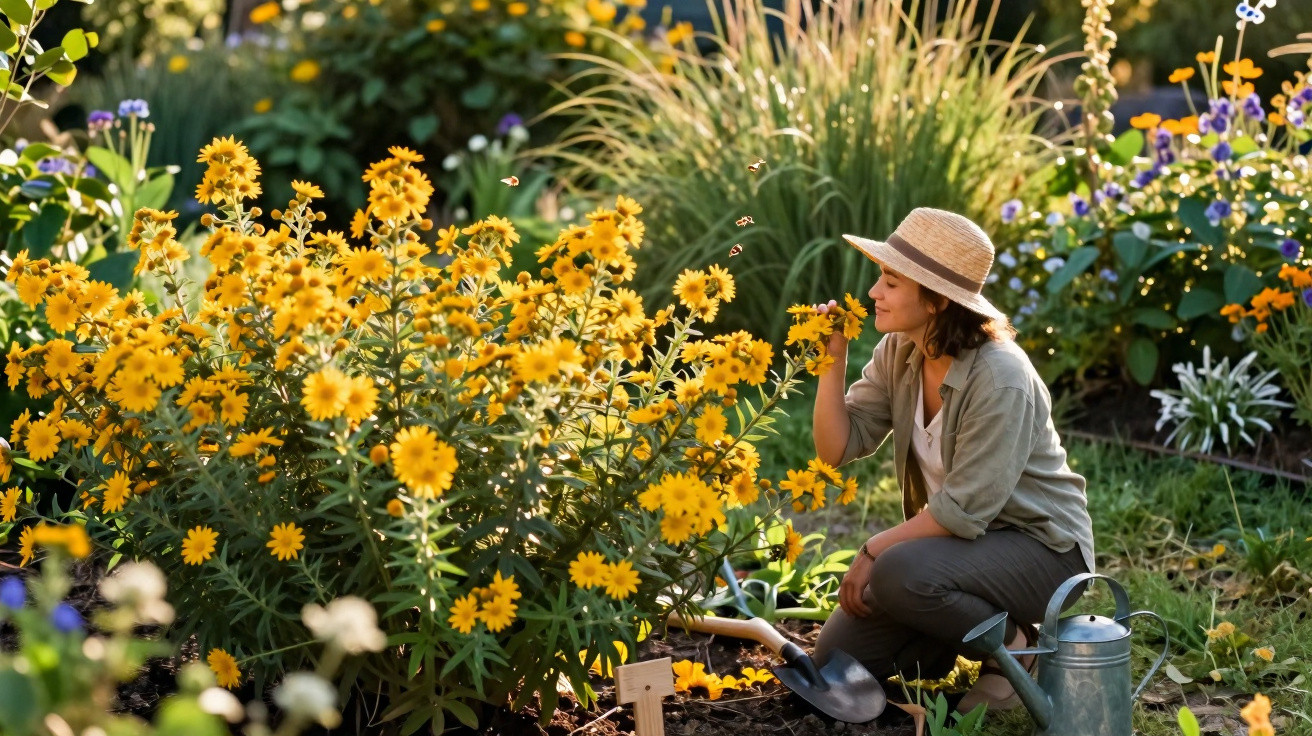 Woman in a straw hat smelling yellow flowers in a sunlit garden surrounded by various plants and gardening tools.