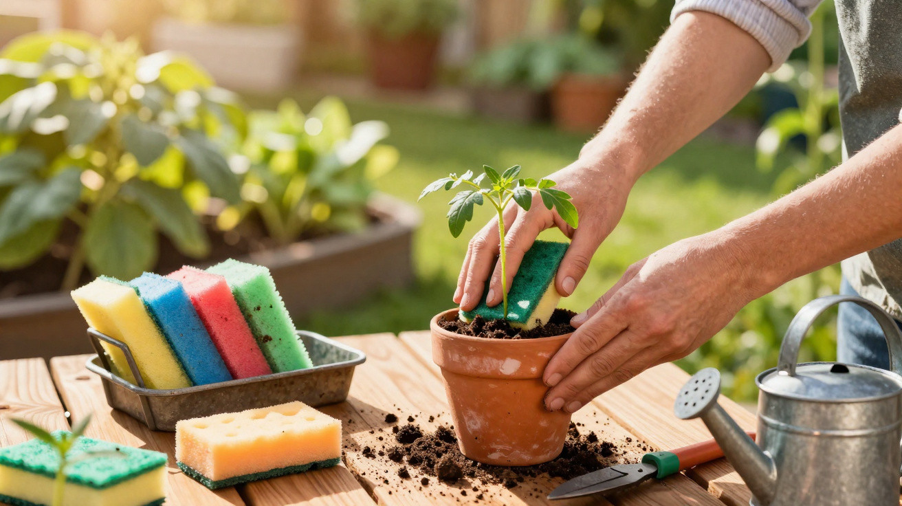 Person cleaning soil off a small tomato plant in a terracotta pot using a green sponge outdoors.