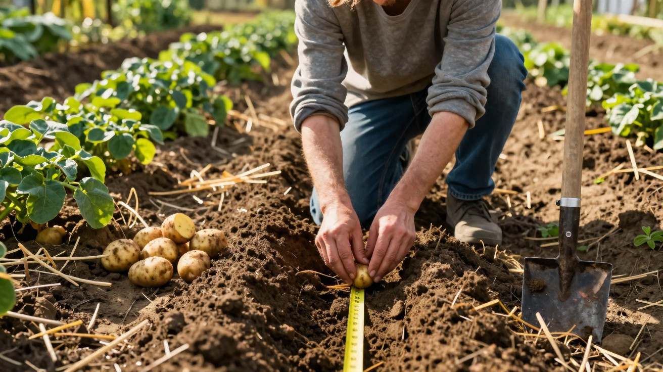 Person measuring and planting potatoes in a garden bed with a spade nearby and potato plants visible.