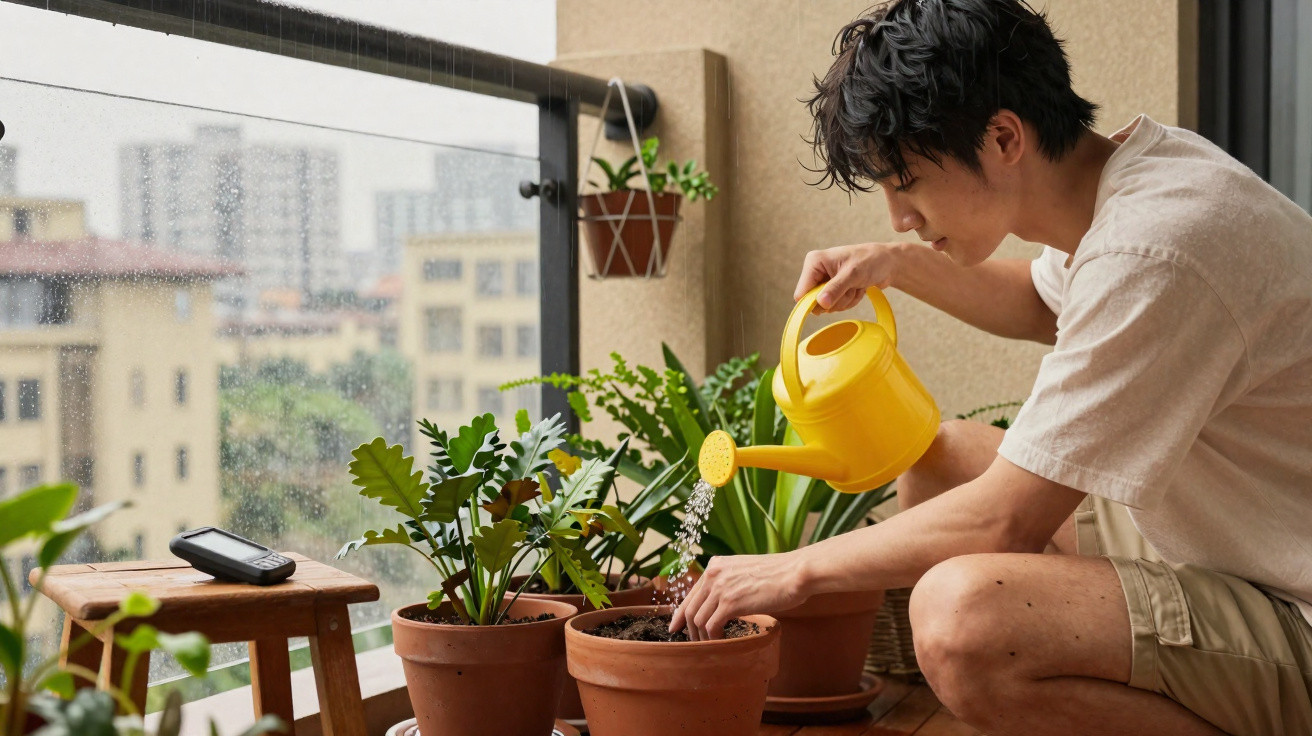 Young man watering plants on a rainy balcony with a yellow watering can beside a wooden stool.