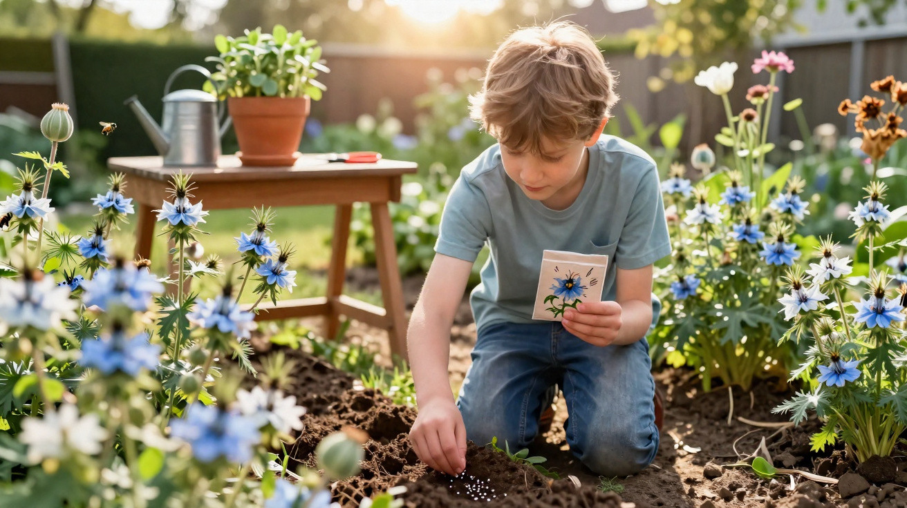 Young boy planting seeds in a sunny garden surrounded by blue and white flowers.
