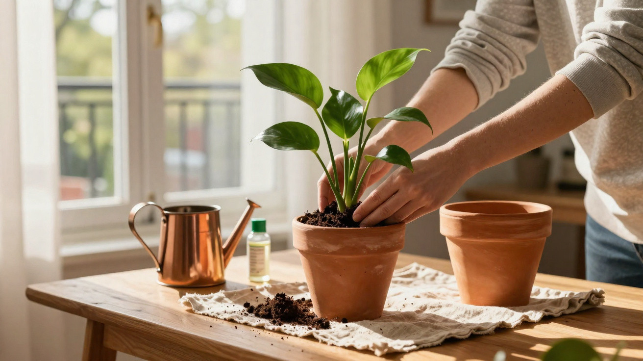Person repotting a green plant indoors on a wooden table with gardening tools nearby.