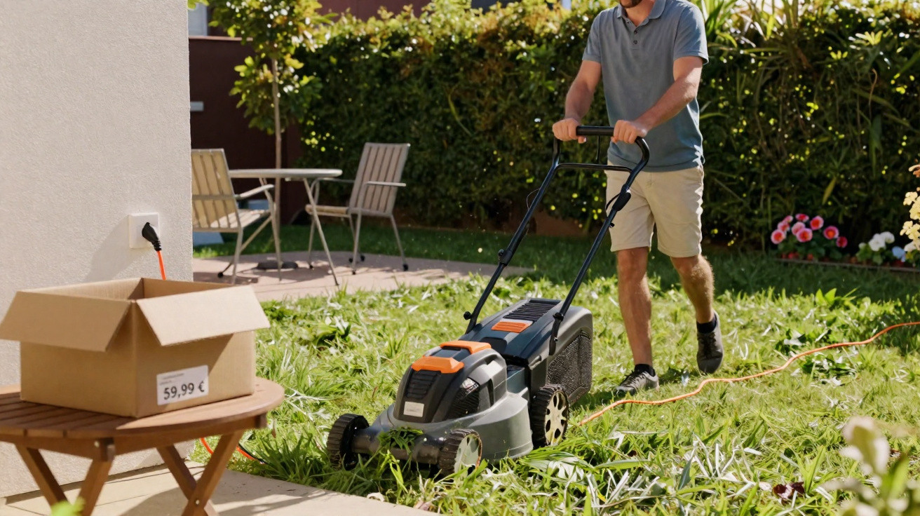 Person mowing overgrown lawn with electric push mower in sunny garden near patio table and chairs