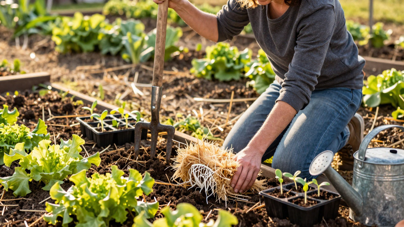 Person kneeling and using a garden fork to plant seedlings in a vegetable patch with a watering can nearby.