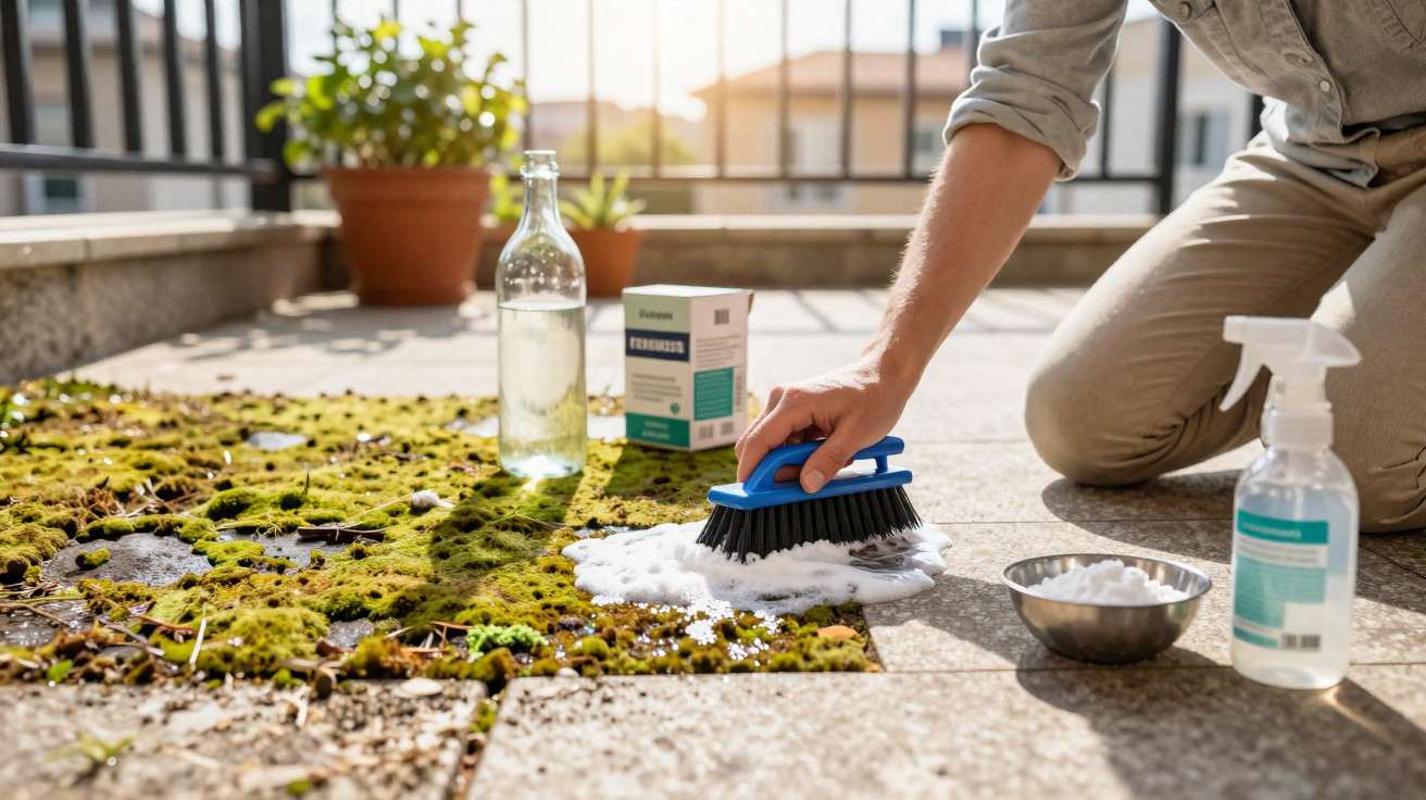 Person scrubbing moss on a sunlit patio with a brush, cleaning spray, and natural cleaning products nearby.