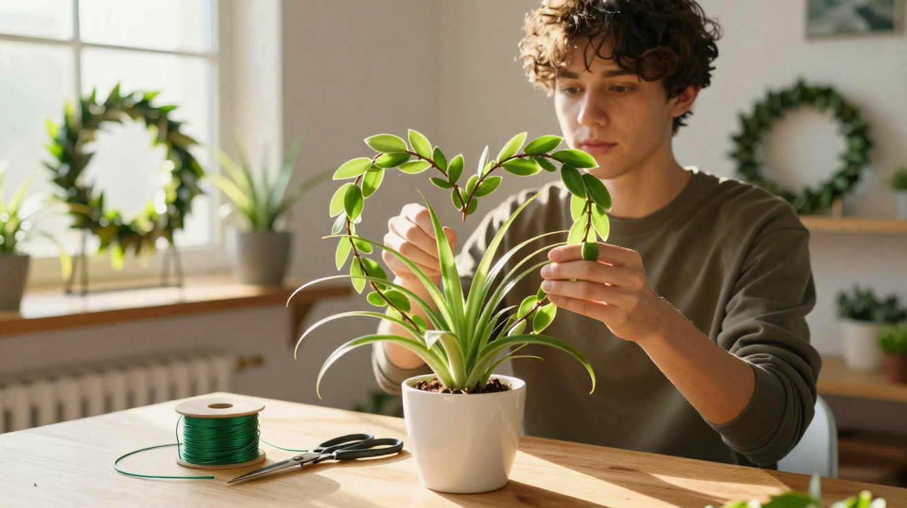 Young person arranging green leafy wreath on a potted plant at a wooden table in a sunlit room.