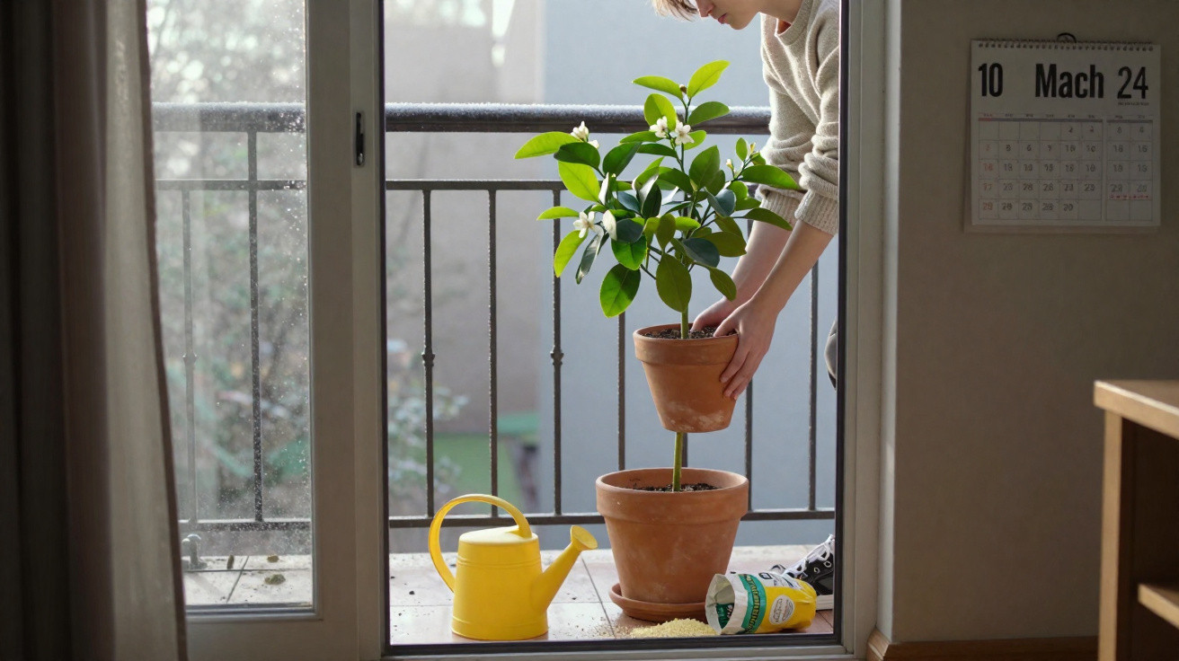 Person repotting a flowering plant on a balcony with a yellow watering can and plant food nearby