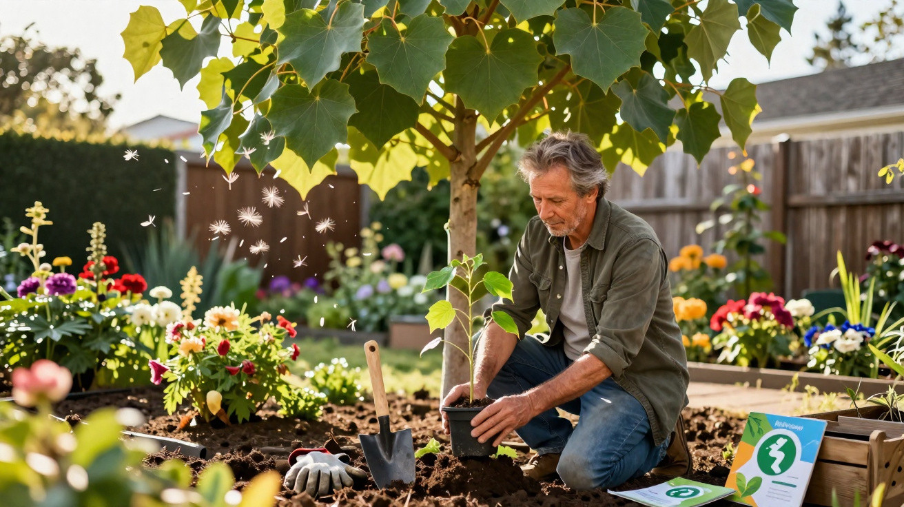 Middle-aged man planting a young tree in a vibrant garden surrounded by flowers and gardening tools.