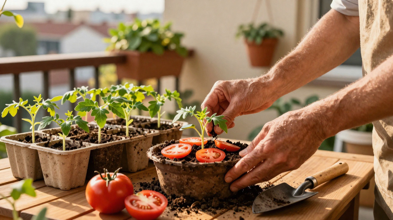 Hands planting tomato seedlings in soil with fresh tomatoes and gardening tools on a wooden table outdoors.