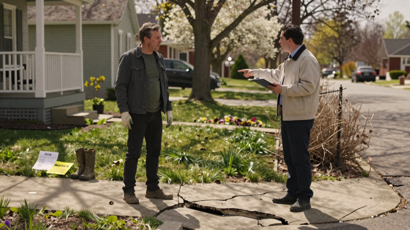 Two men discussing a large cracked concrete sidewalk in a suburban neighbourhood with notice papers and boots nearby.