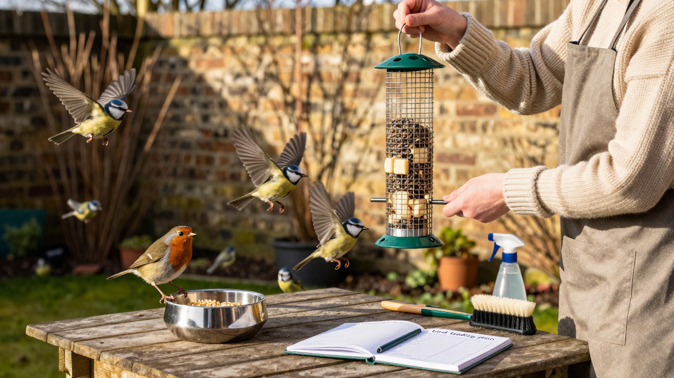 Person refilling a bird feeder while small birds, including blue tits and a robin, gather around a garden table.