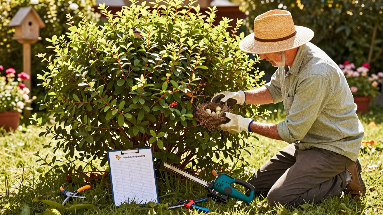Man wearing a hat and gloves carefully handling a bird's nest with eggs near garden tools and a bush.