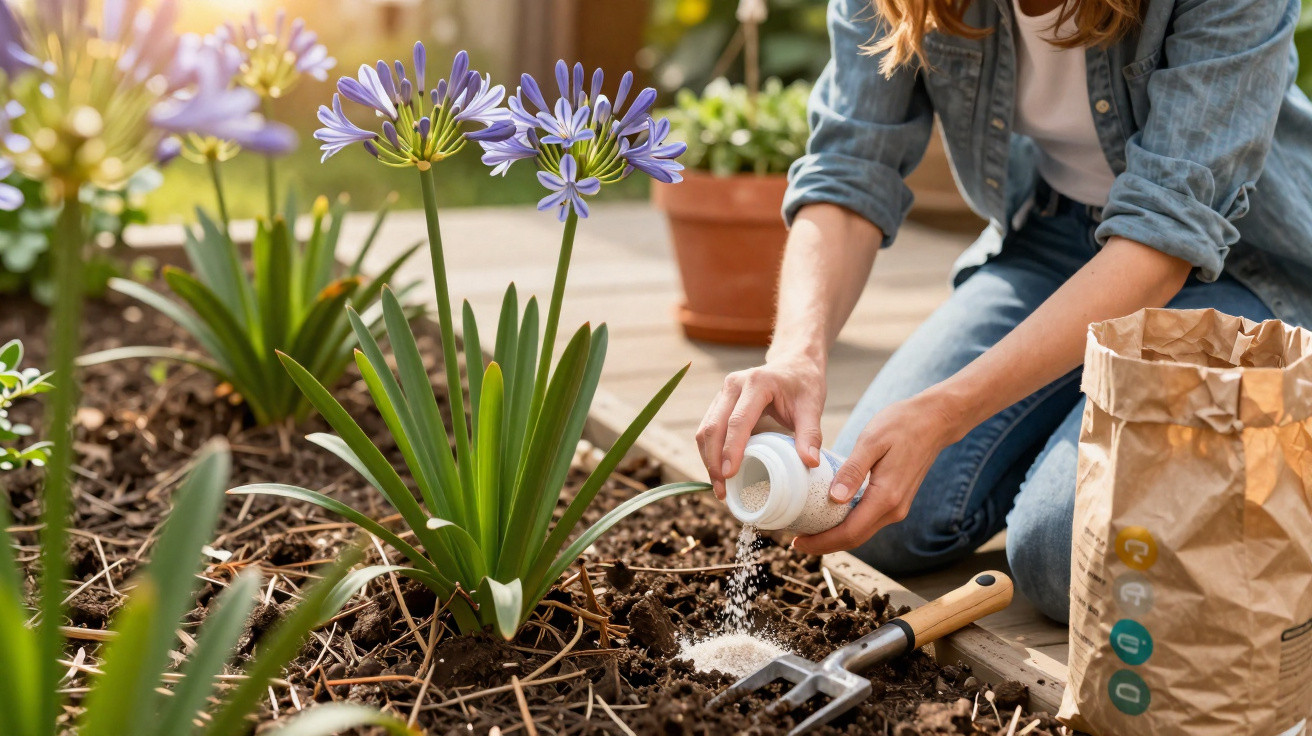 Person sprinkling fertiliser around purple flowers in a garden bed on a sunny day.