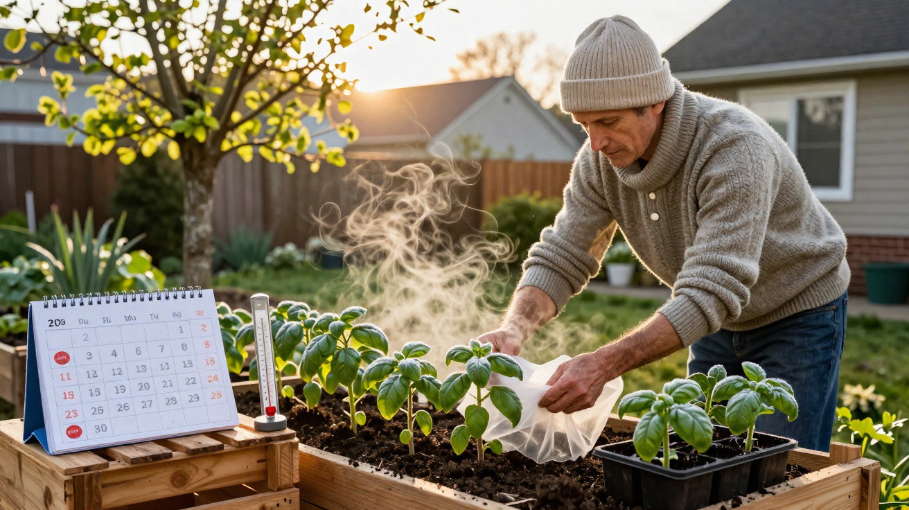 Man using a plastic cover to protect steam rising from plants in a raised garden bed in a backyard.
