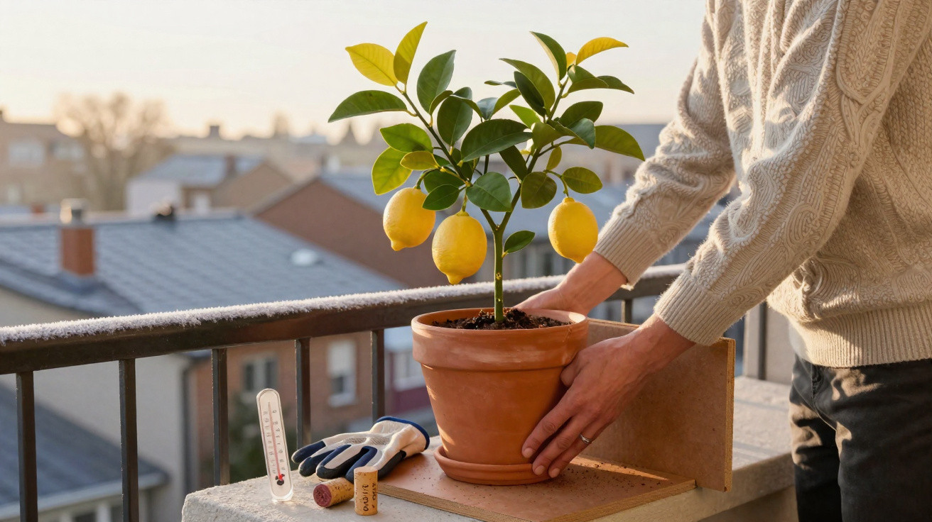 Person placing a lemon tree in a terracotta pot on a balcony with gardening gloves and thermometer nearby at sunset.