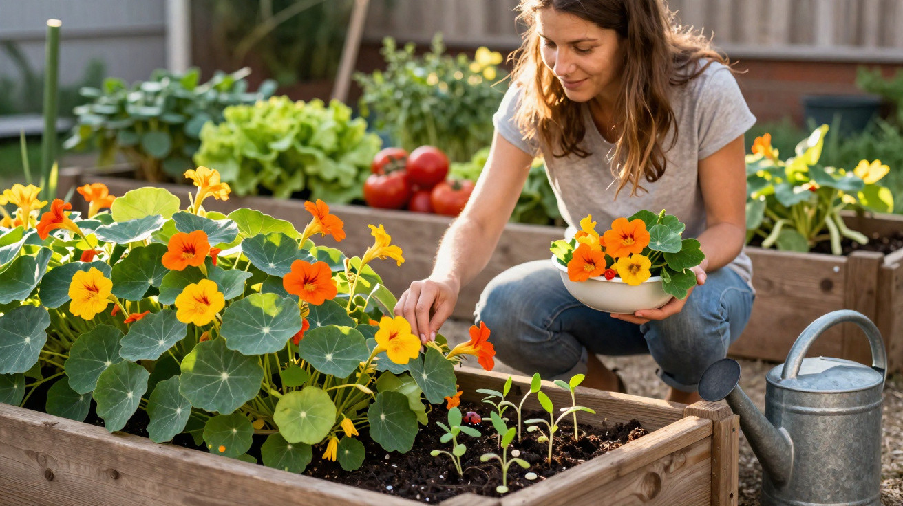 Woman picking orange and yellow flowers from a raised garden bed with vegetables in the background.