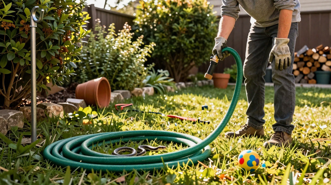 Person wearing gloves holding a garden hose in a sunny backyard with plants and garden tools nearby.